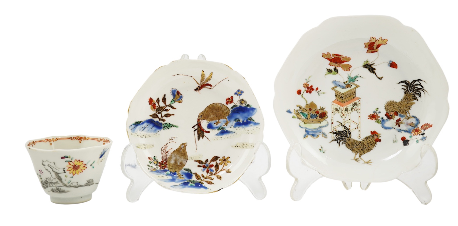 Two Chinese semi-eggshell porcelain hexagonal saucers and a similar cup, Yongzheng/Qianlong period
